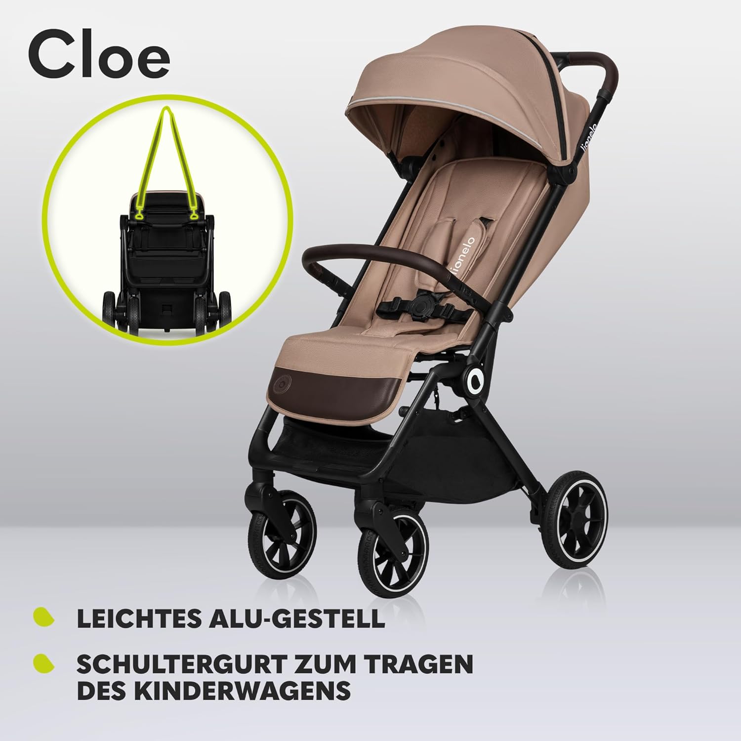 LIONELO Cloe Passeggino Pieghevole fino a 22 kg, Schienale Reclinabile Funzione Nanna, Imbracatura a 5 Punti Grandi Ruote Girevoli Zanzariera Porta Biberon Leggero Compatto Impermeabile (Grigio)