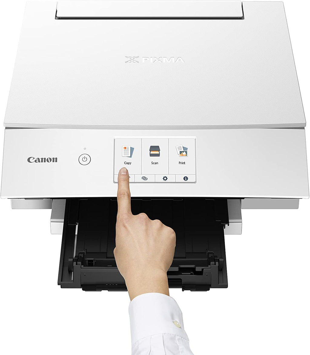 Canon PIXMA TS8351a Stampante multifunzione a getto d'inchiostro a colori DIN A4 (scanner, fotocopiatrice, 4.800 x 1.200 dpi, 6 inchiostri separati, USB, WLAN, AirPrint, stampa fronte/retro, 2 alimentatori carta, 5 GHz), bianco