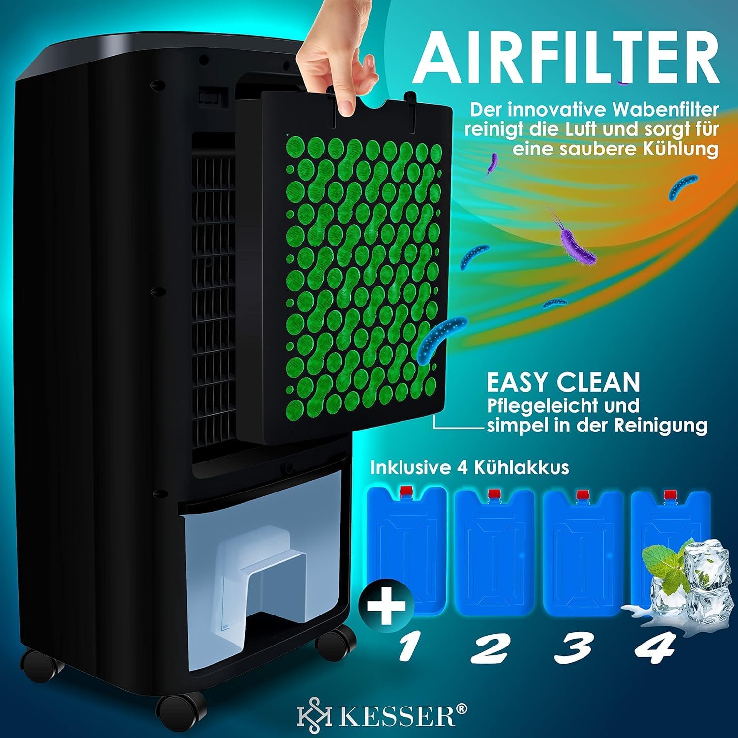 KESSER Climatizzatore Portatile 4in1 | Telecomando | Unità di Climatizzazione | Ventilatore per Climatizzatore | Timer | 3 Livelli | Ionizzatore Umidificatore | Raffreddatore d'Aria |