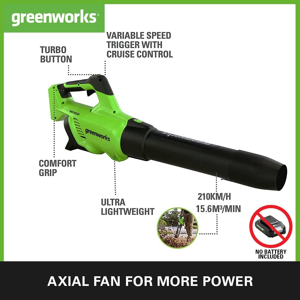 Greenworks GD40ABK2X Axial Akku Laubbläser mit bürstenlosem Motor, 210 km/h, 15,6 m³/min, zwei 40V 2Ah Akkus & Ladegerät, 3 Jahre Garantie