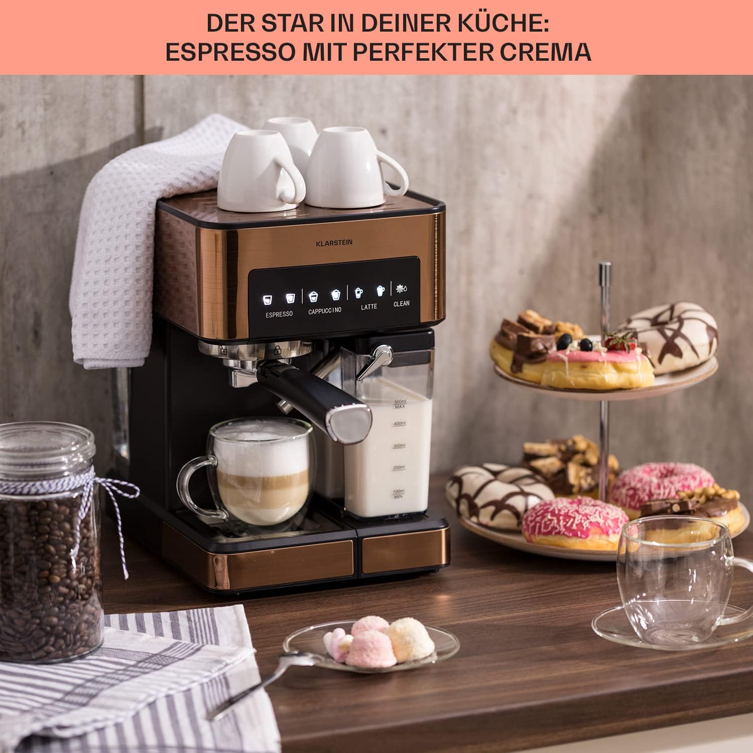 Klarstein Macchina da Caffè Espresso con Lancia Vapore, Macchinetta Caffè con Portafiltro, 1,8 L, 20 Bar, Acciaio Inox, Piccola, Serbatoio Latte 0,5 L, 1350 W, per Caffè in Polvere