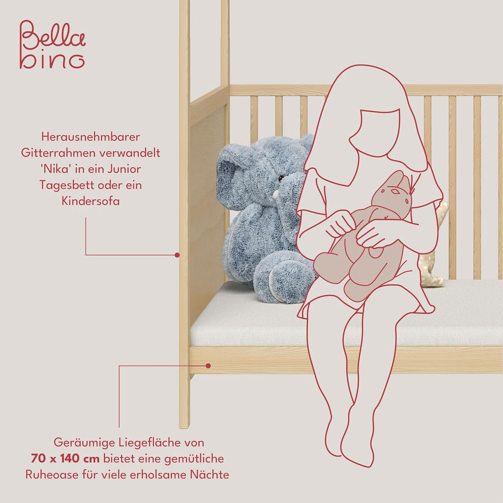 Bellabino Nika Lettino a capanna 70 x 140 cm, letto con sbarre e lettino a capanna per bambini e neonati in pino massiccio bianco, regolabile in altezza su 3 posizioni, incl. rete a doghe