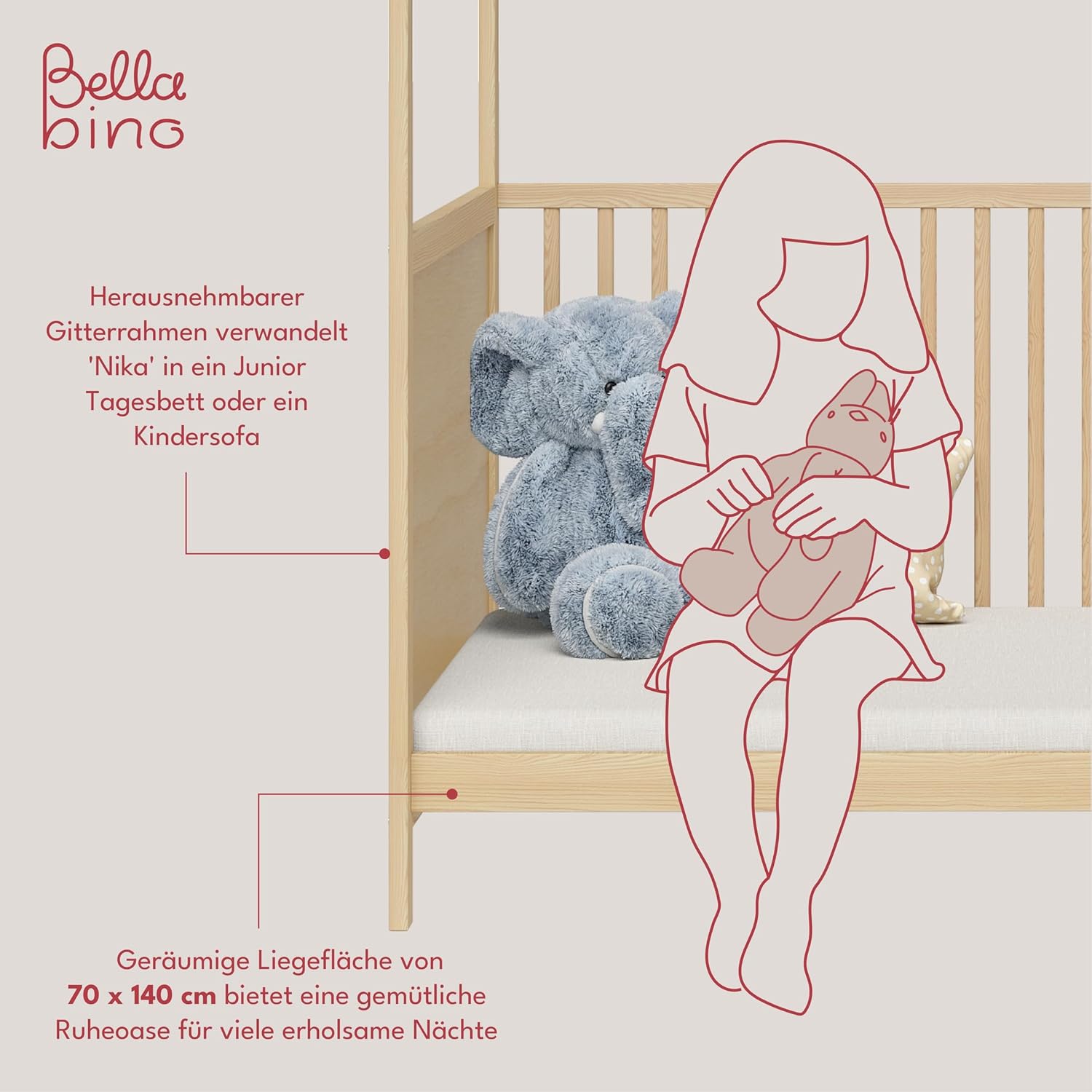 Bellabino Nika Lettino a capanna 70 x 140 cm, letto con sbarre e lettino a capanna per bambini e neonati in pino massiccio bianco, regolabile in altezza su 3 posizioni, incl. rete a doghe