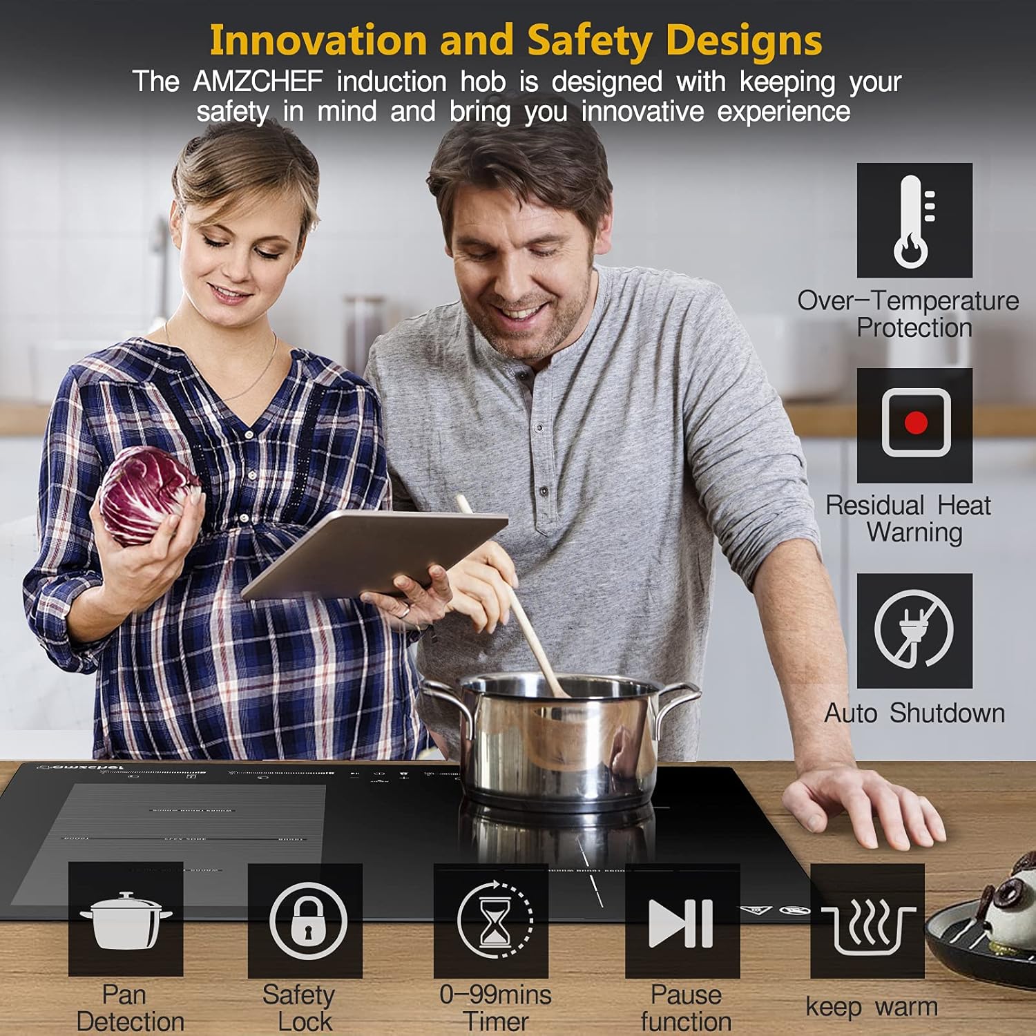 AMZCHEF Piano cottura a induzione con due zone flessibili, piano cottura a induzione a 4 zone con funzionamento silenzioso (42 dB), 9 livelli di potenza e Booster - Funzione BBQ, funzione Pausa e Mantieni caldo, 7400 W