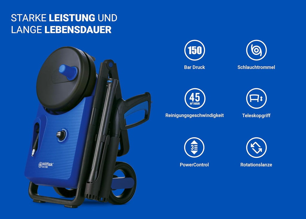 Nilfisk Core 150 bar Hochdruckreiniger mit Leistungsregler für Heim, Garten und Auto 128471330 Blau
