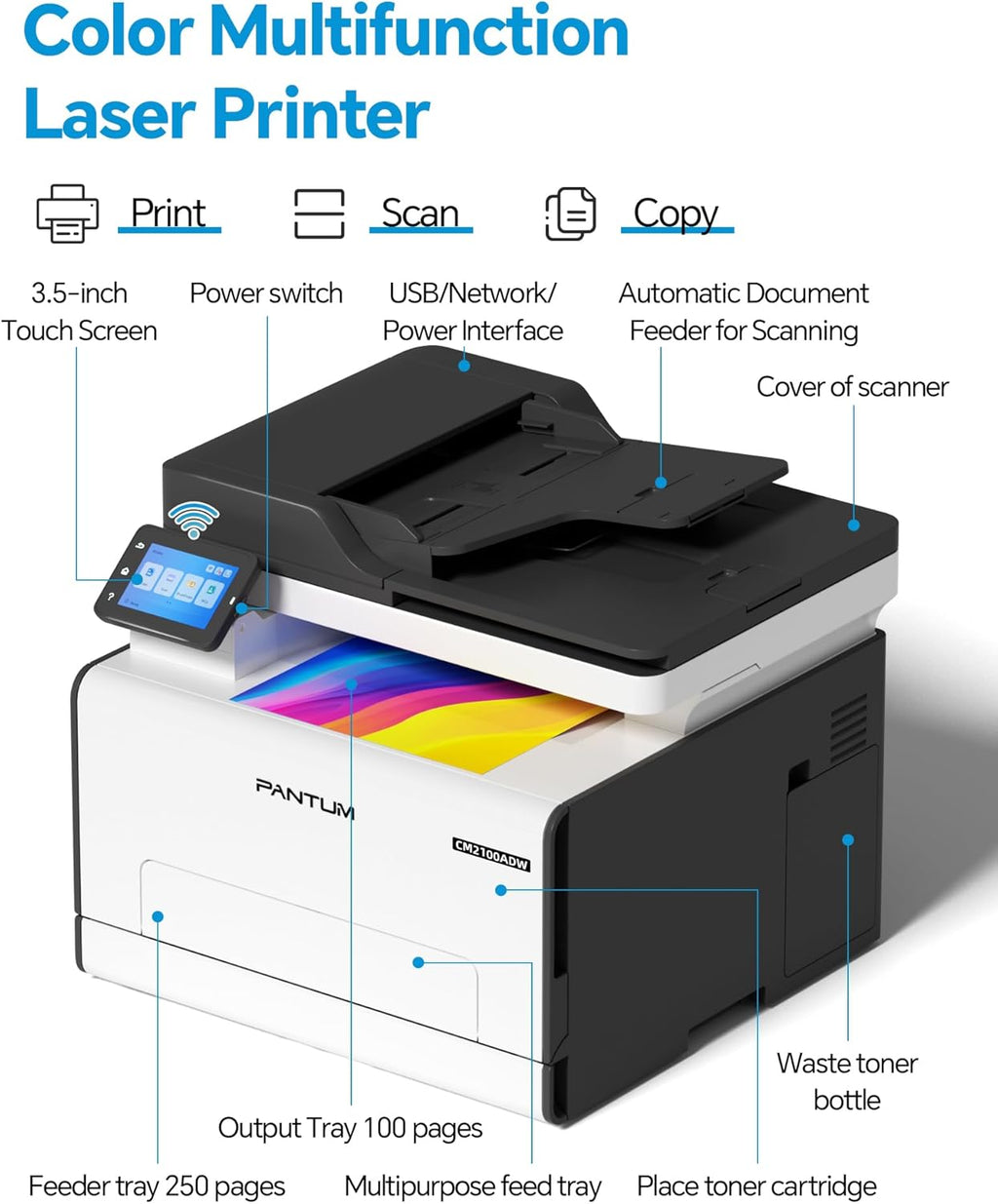 PANTUM CM2100ADW Stampante Laser, Stampante Multifunzione a Colori per Stampa, Copia e Scansione con ADF, Stampa Fronte/Retro Automatica, Wi-Fi NET USB, 20 ppm, per Casa e Ufficio