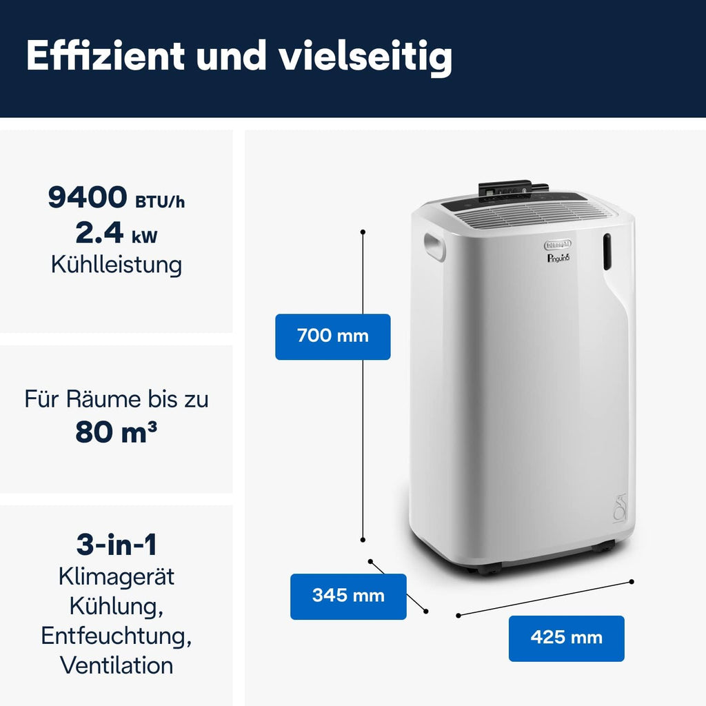 De'Longhi Pinguino PAC EM82, Condizionatore Portatile per ambienti fino a 80 m, 9.400 BTU, 2,4 kW, 63 dB, Funzione Deumidificatore, Classe Energetica A, Timer 24h, Bianco