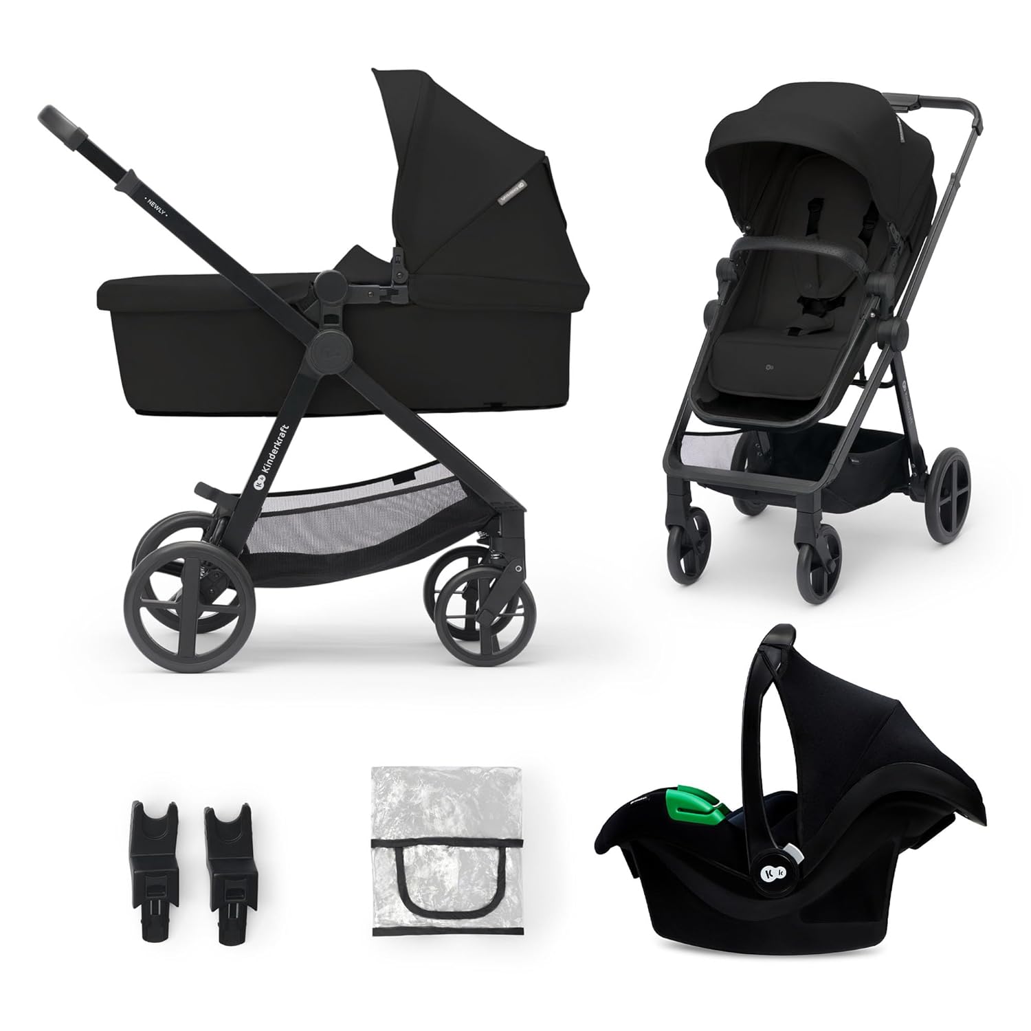 Kinderkraft NEWLY Kinderwagen 3 in 1, Komplettset bis 22 kg, Kindersitz I-Size 40-75 cm im set, Kombikinderwagen mit Fußsack, wasserfestes Verdeck mit UPF50+, Zusammenklappen, Liegeposition, Beige
