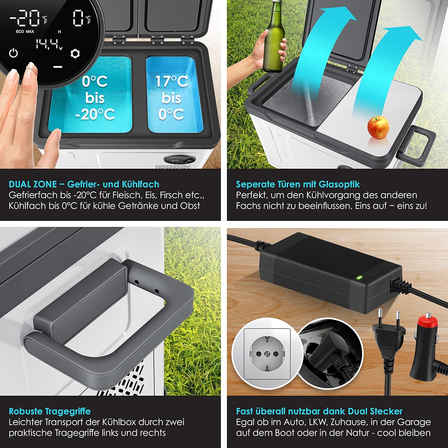 KESSER® Frigorifero portatile a compressore 2in1 doppia zona frigo e congelatore, congelatore elettrico con 2 accumuli di freddo e controllo touch LED | Refrigerazione fino a -20 °C per campeggio, auto, camion 12/24V 230V