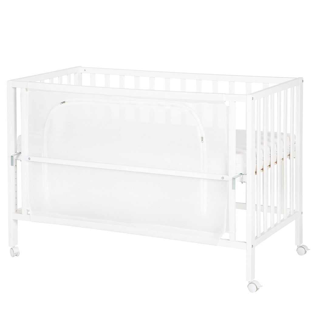 roba Beistellbett 60 x 120 cm - Adam & Eule Room Bed - Babybett zum Anstellen an Elternbett - Inklusive Matratze, Bettwäsche, Himmel - Mobil & Höhenverstellbar - Holz weiß