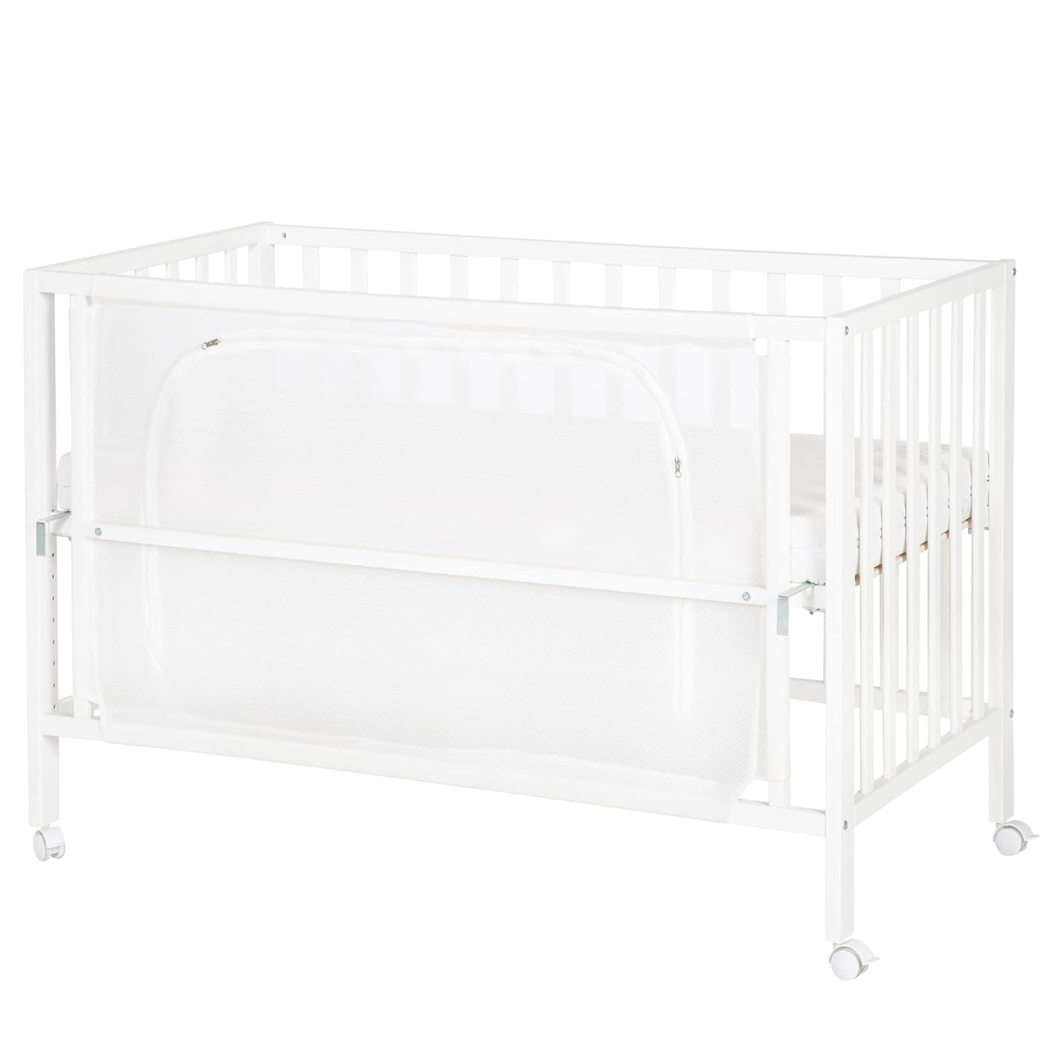 roba Beistellbett 60 x 120 cm - Adam & Eule Room Bed - Babybett zum Anstellen an Elternbett - Inklusive Matratze, Bettwäsche, Himmel - Mobil & Höhenverstellbar - Holz weiß