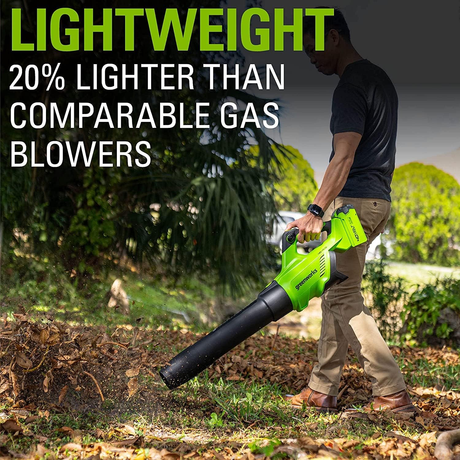 Greenworks GD40ABK2X Axial Akku Laubbläser mit bürstenlosem Motor, 210 km/h, 15,6 m³/min, zwei 40V 2Ah Akkus & Ladegerät, 3 Jahre Garantie