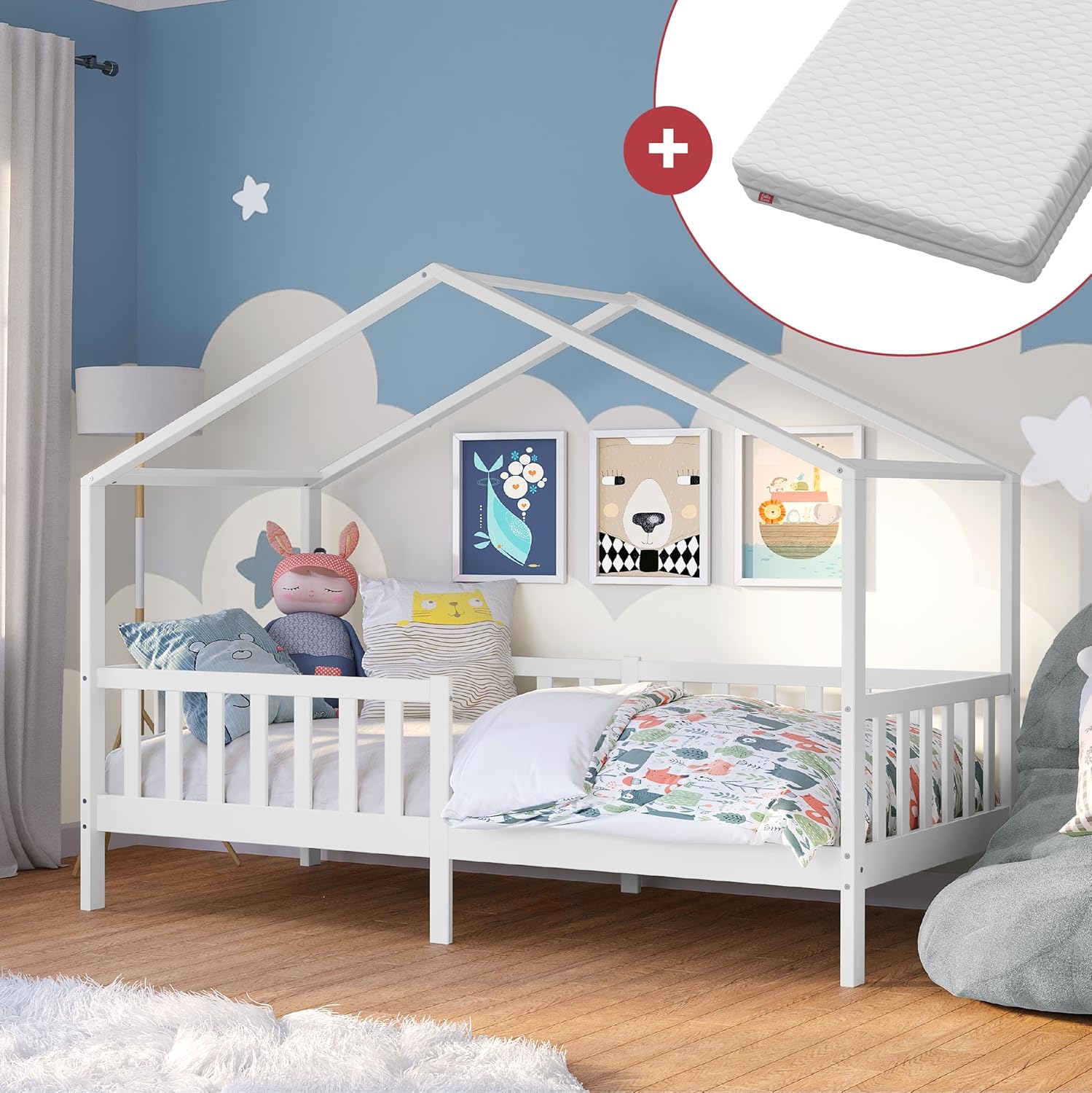 Bellabino Lettino per bambini Bia 140x200 cm, letto a capanna per bambini con protezione anticaduta e rete a doghe arrotolabile, letto a terra Montessori bianco in legno massello di pino