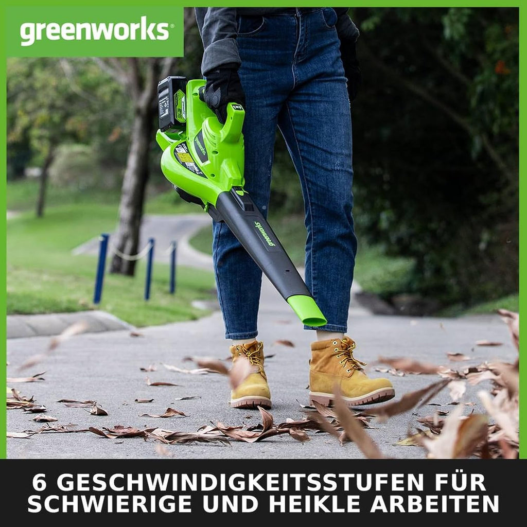Greenworks 48V(2x24V) Akku Laubsauger / Laubbläser mit Schultergurt, bürstenloser Motor, 322 km/h, 9 m³/min, 45L Fangsack, zwei 4Ah Batterien & Ladegerät, 3 Jahre Garantie GD24X2BVK4X