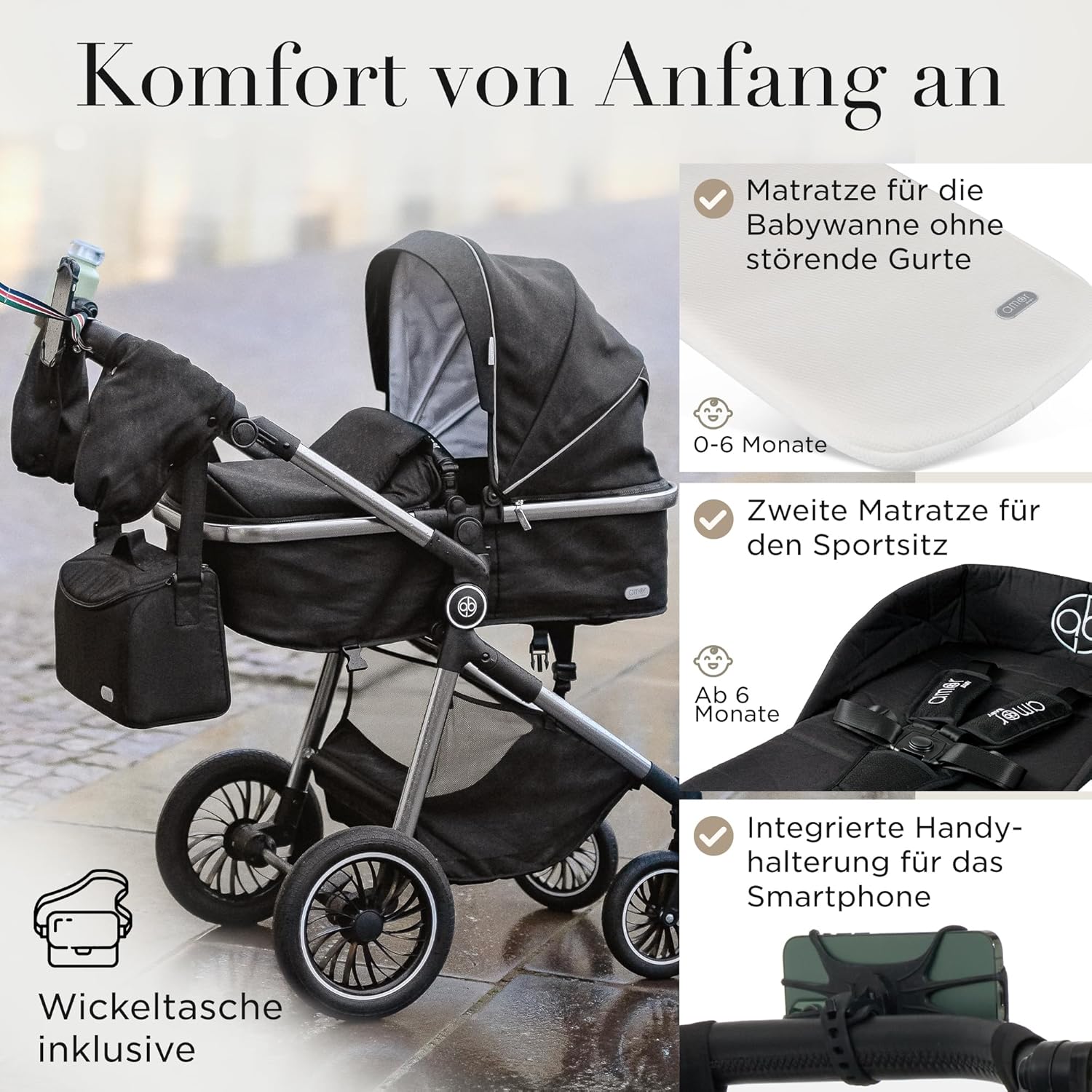 Kinderwagen [3 in 1] - Babyschale, klassischer Babywagen & Autositz in einem Set | Buggys, Kinder Wagen, Baby Stroller | Höchste Sicherheit Inkl. Isofix & 5-Punkt-Sicherheitsgurt | AMOR BABY Primus
