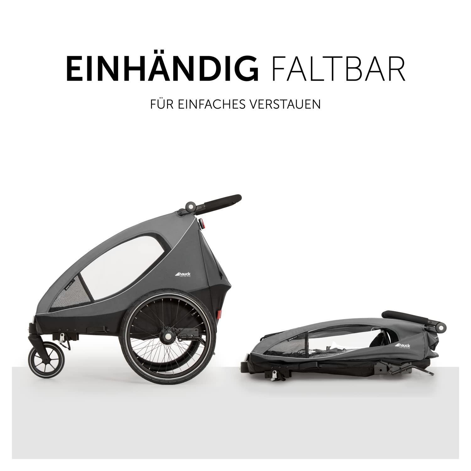 hauck Rimorchio Bici & Passeggino Dryk Duo Plus con Sospensioni, per 2 Bambini (6-48 mesi), incl. Timone, Ruota da Passeggino, Bandierina e Luce LED, Pieghevole, Regolabile in Altezza, Baule XL (Verde Scuro)