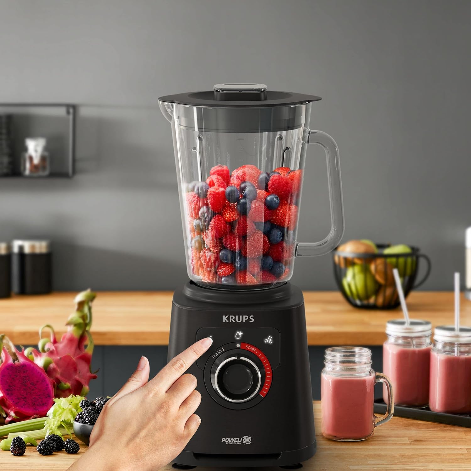 Krups KB403D Perfectmix + Hochleistungsstandmixer, 1.200W, 28.000 UpM, 2L Glasbehälter, 3 voreingestellte Programme, Powelix- Technologie, Edelstahl/Dunkelgrau
