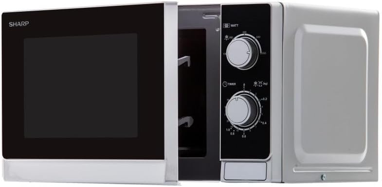Sharp R200INW Forno a Microonde Solo / 20 L / 800 W / 5 livelli di potenza / Timer da 35 minuti a 00 secondi / Scongelamento con controllo del peso / Modalità risparmio energetico / Piatto girevole in vetro (25,5 cm) / argento
