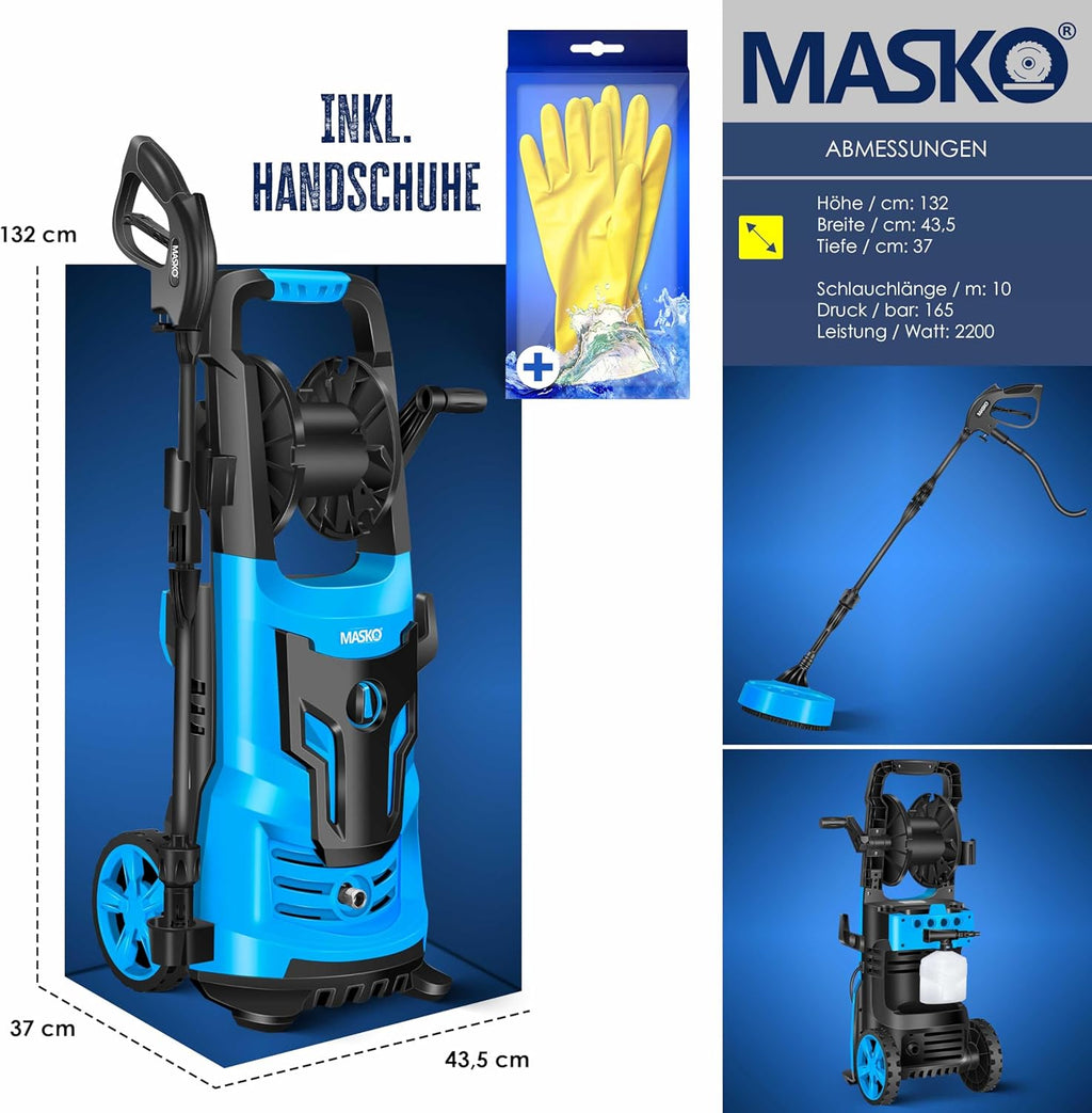 MASKO® Idropulitrice 2200 Watt 165 bar 450 l/h, con avvolgitubo 10m, set accessori 9 pezzi, con serbatoio per sapone e ugello schiumogeno, pistola ad alta pressione per auto/recinzioni/giardino/pati (Grigio)