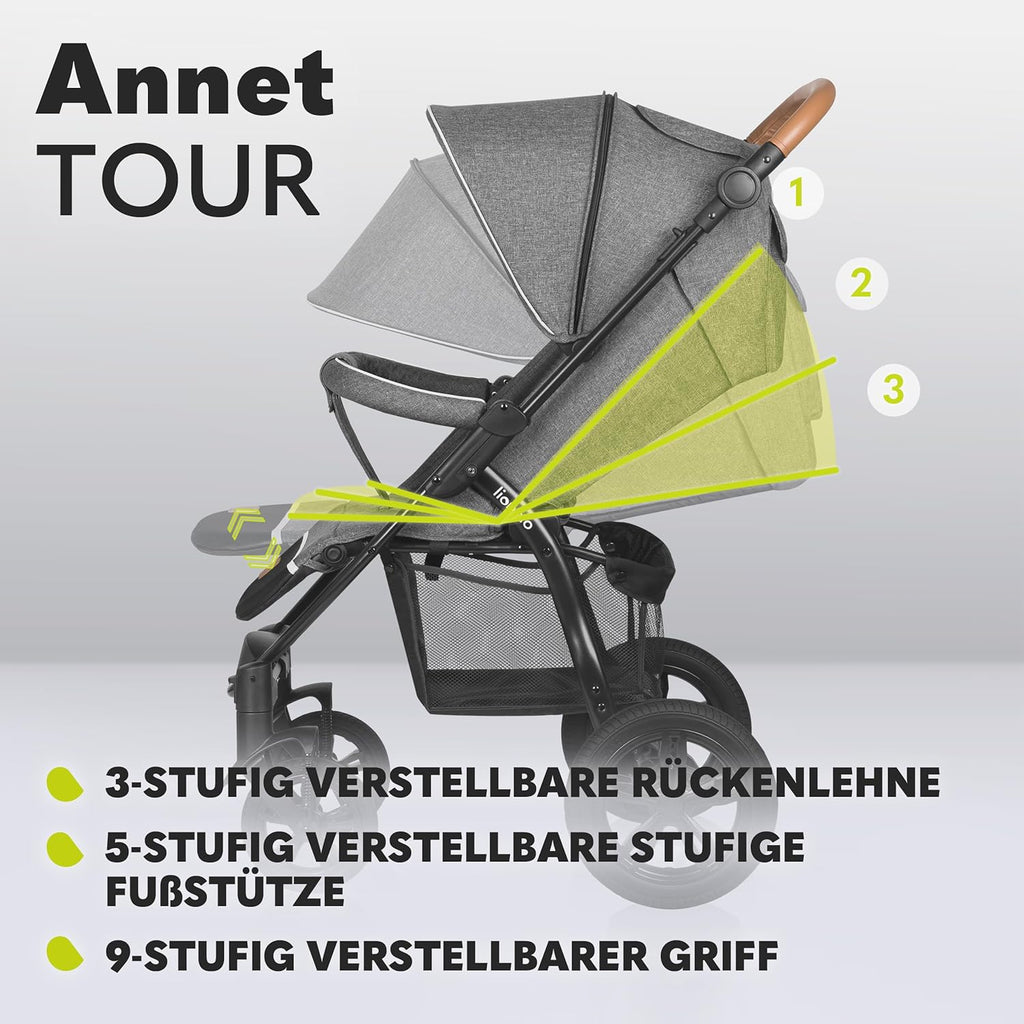 LIONELO Annet Tour Kinderwagen bis 22 kg, verstellbarer Griff, zusammenklappbar, verstellbare Rückenlehne bis zur Liegeposition, wartungsfreie Räder, XXL-Verdeck, 5-Punkt-Gurt, Einkaufskorb