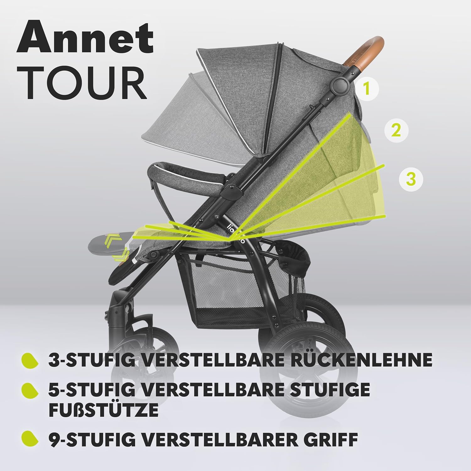 LIONELO Annet Tour Kinderwagen bis 22 kg, verstellbarer Griff, zusammenklappbar, verstellbare Rückenlehne bis zur Liegeposition, wartungsfreie Räder, XXL-Verdeck, 5-Punkt-Gurt, Einkaufskorb