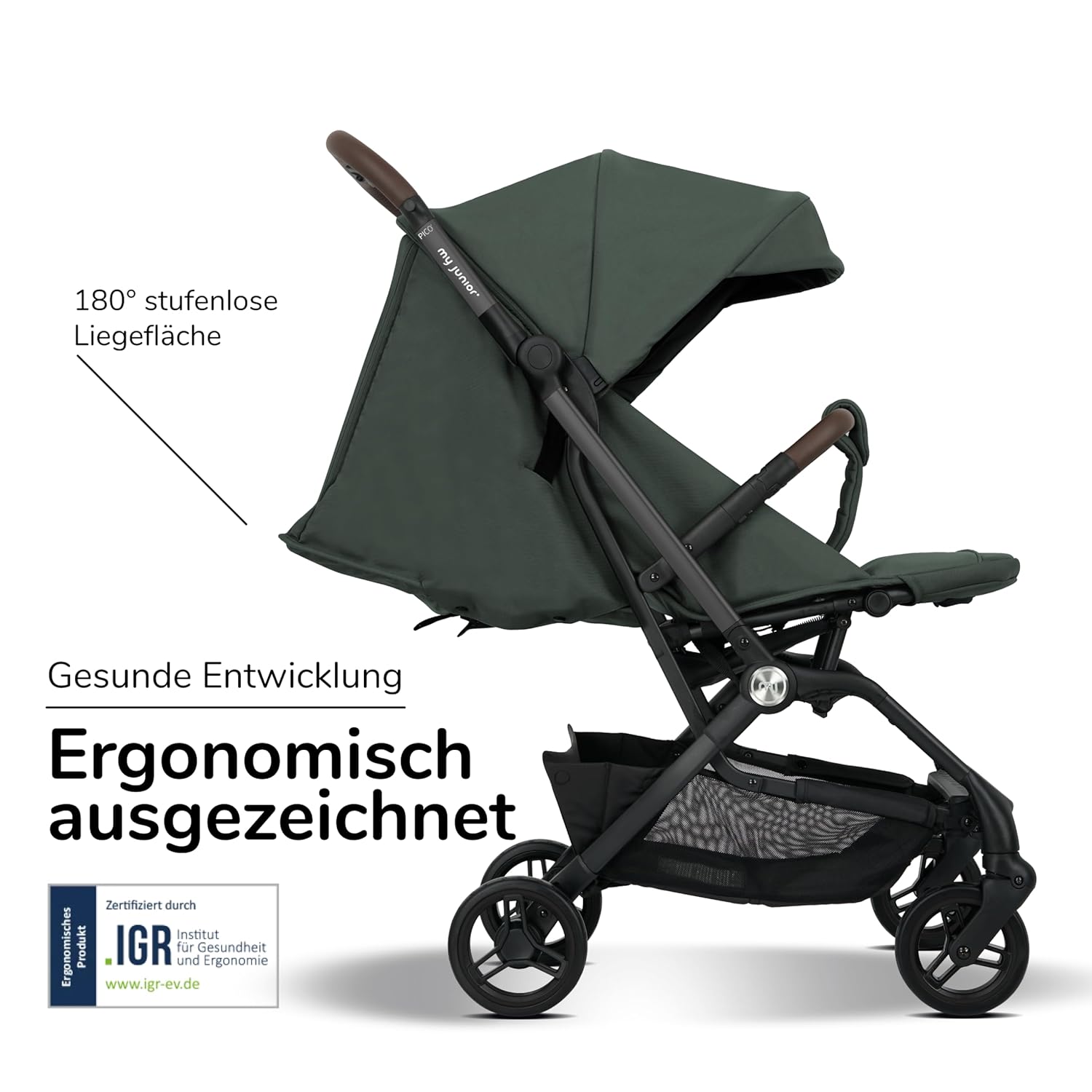 my junior® Buggy PICO³ | bis 22kg | Einhand AutoFold-Klappmechanismus | Ergonomische Liegeposition nach IGR e.V. | großes Sonnenverdeck UV50+ | Handgepäckmaß | 2 Belüftungsfenster Hazel - Black