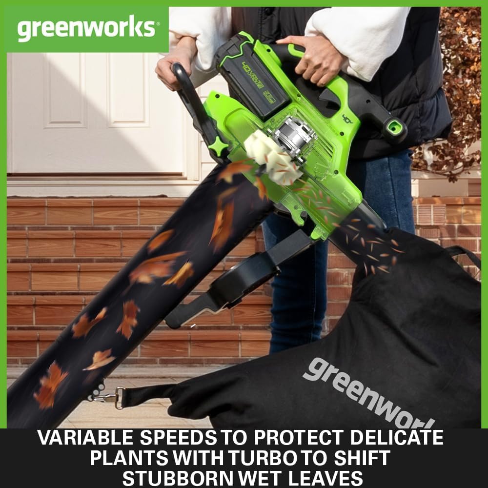 Greenworks 40V Soffiatore Assiale a Batteria con Cruise Control, 177 km/h, 11,05 m³/min, Sacco di Raccolta da 45L, due Batterie da 2Ah e Caricabatterie, 3 Anni di Garanzia GD40BVK2X