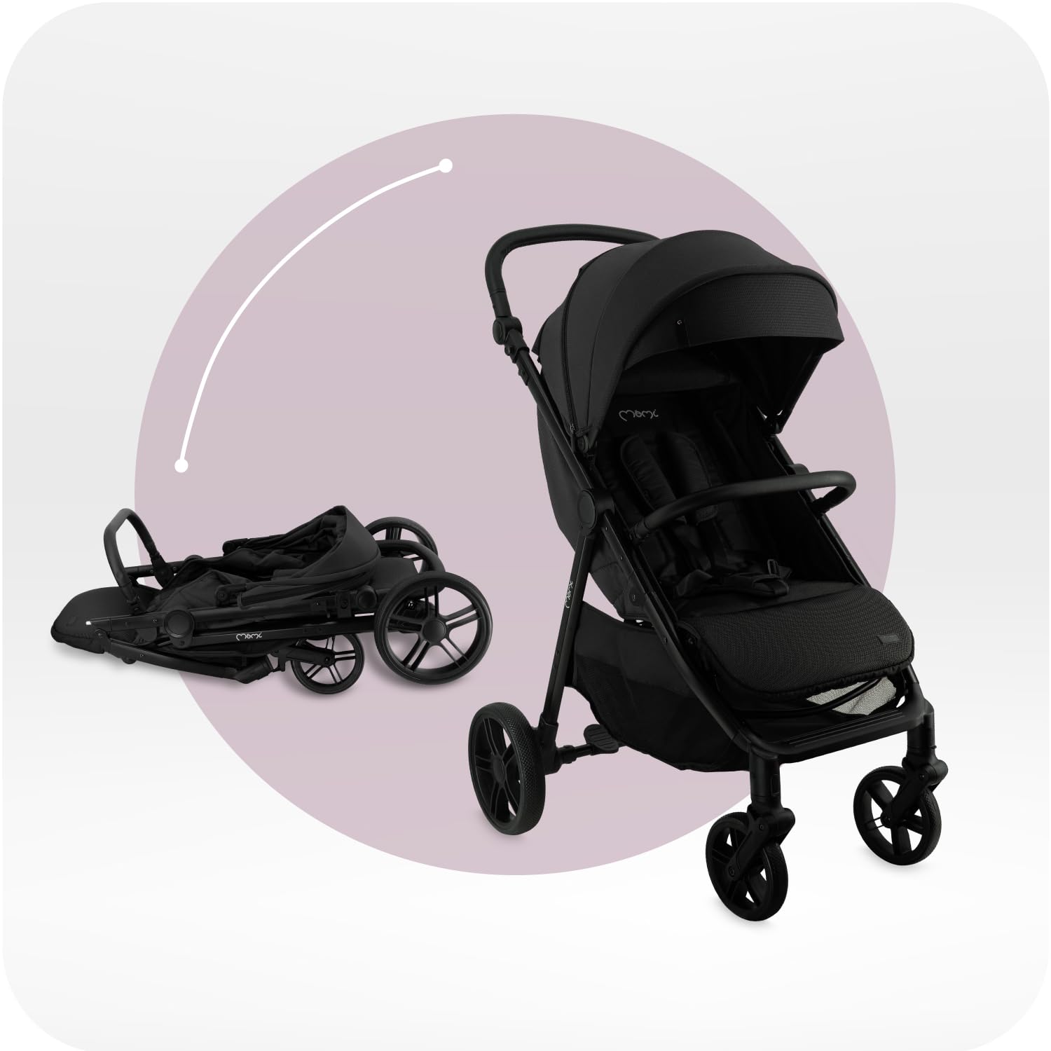 MoMi Passeggino CLARA, Passeggino dai 6 mesi in su, fino a 22 kg di peso corporeo, cintura di sicurezza a 5 punti, sacco coprigambe, portabicchieri, cestino della spesa, borsa per il cambio, zanzariera e parapioggia