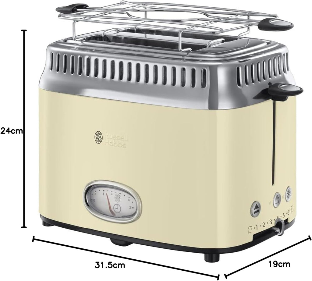Russell Hobbs Toaster [für 2 Scheiben] Retro Edelstahl Creme (Countdown-Anzeige im Retrodesign, inkl. Brtchenaufsatz, 6 Brunungsstufen + Auftau- & Aufwrmfunktion, 1300W) Vintage 21682-56