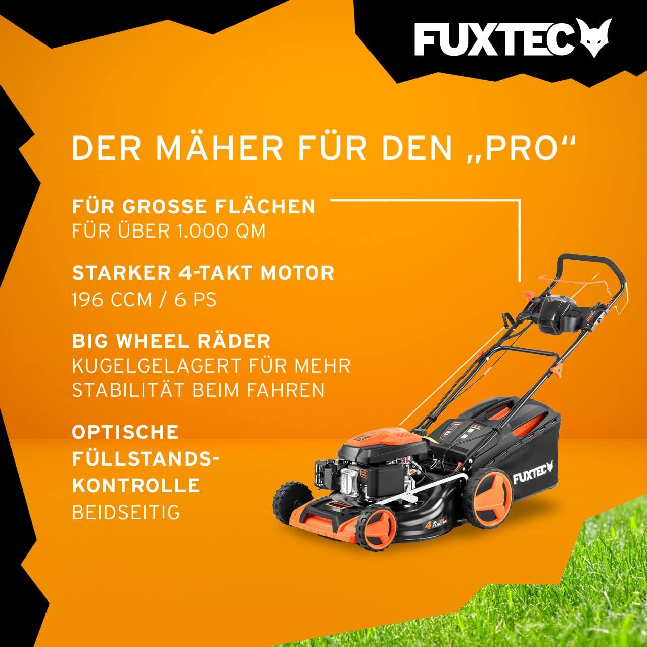 FUXTEC Tosaerba a Benzina 4in1 FX-RM5196eSPRO con Avviamento Elettrico e Trazione Regolabile, Rasaerba con Paraurti Anteriore, Larghezza di Taglio 51 cm, Ruote Big Wheel con Cuscinetti a Sfera, Cesto Raccoglierba da 60L