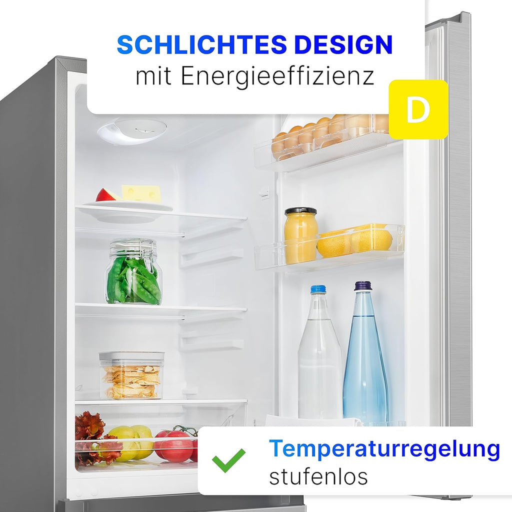Bomann® Frigorifero con congelatore alto 143cm | Combinazione frigo-congelatore 175L con 3 ripiani e 3 cassetti | Porta reversibile | Combinazione frigo-congelatore silenziosa 39dB | Frigorifero KG 322.1 acciaio inox-look