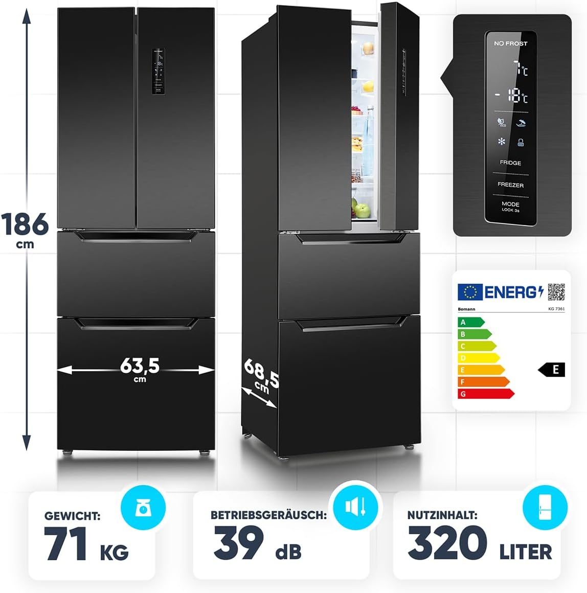 Bomann® Frigorifero con Congelatore | Congelatore No-Frost | Frigorifero da 186 cm | 39 dB | Combinato Frigorifero-Congelatore con MultiAirflow | 320L | Combinato Frigorifero-Congelatore No-Frost | KG 7361 nero-inox