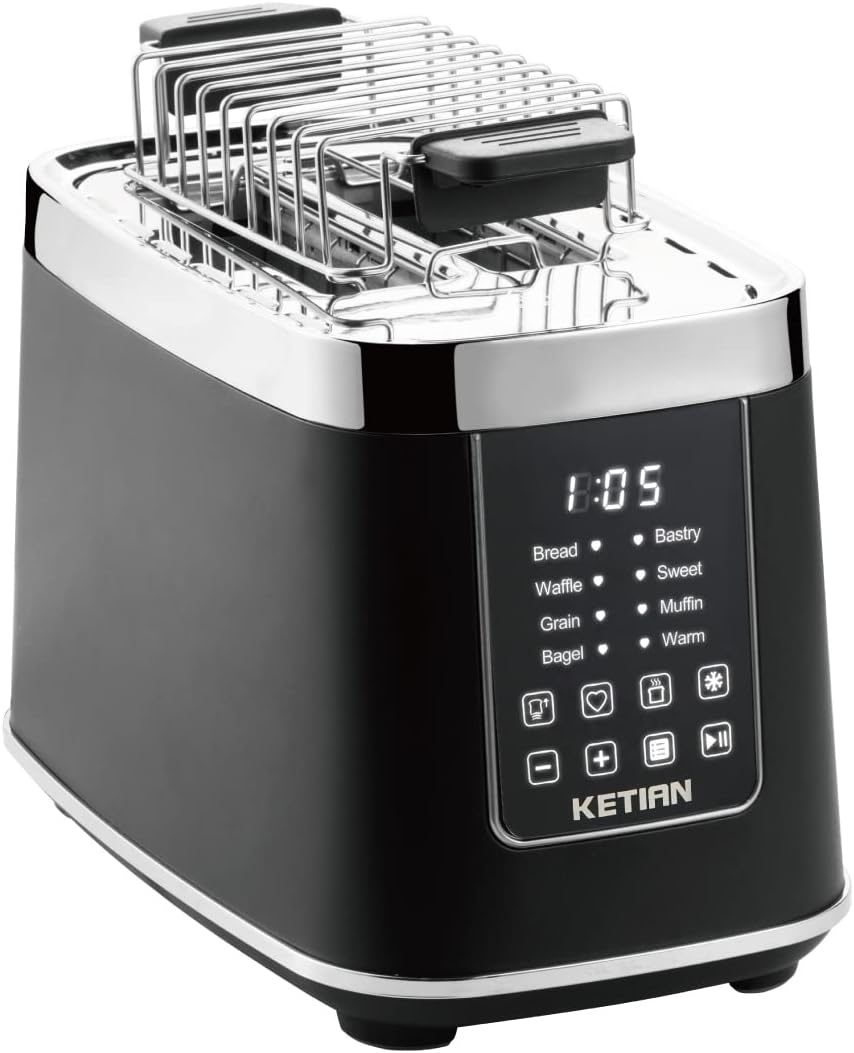 Toaster 2 Scheiben, KETIAN 2 Toast Schlitze mit Brötchenaufsatz, hochwertiger Edelstahl-Toaster, 7 Stufen, Auftaufunktion, Abschaltautomatik, 1400 W