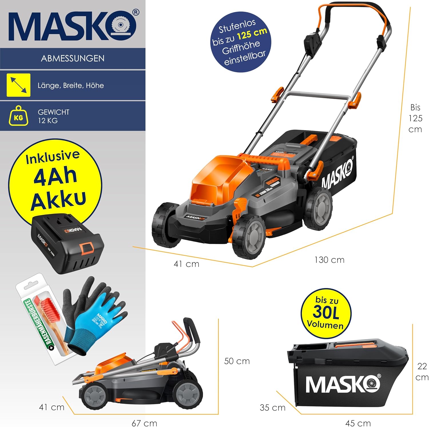 MASKO® Rasenmäher mit Mulchfunktion inkl. Zubehör, Akku Li-Ion Batterie 4Ah und Ladegerät – Rasentrimmer Schnittbreite 33cm 5 fache 25-75mm Schnitthöhenverstellung Fangkorb 30 Liter bis 150m² Flächen
