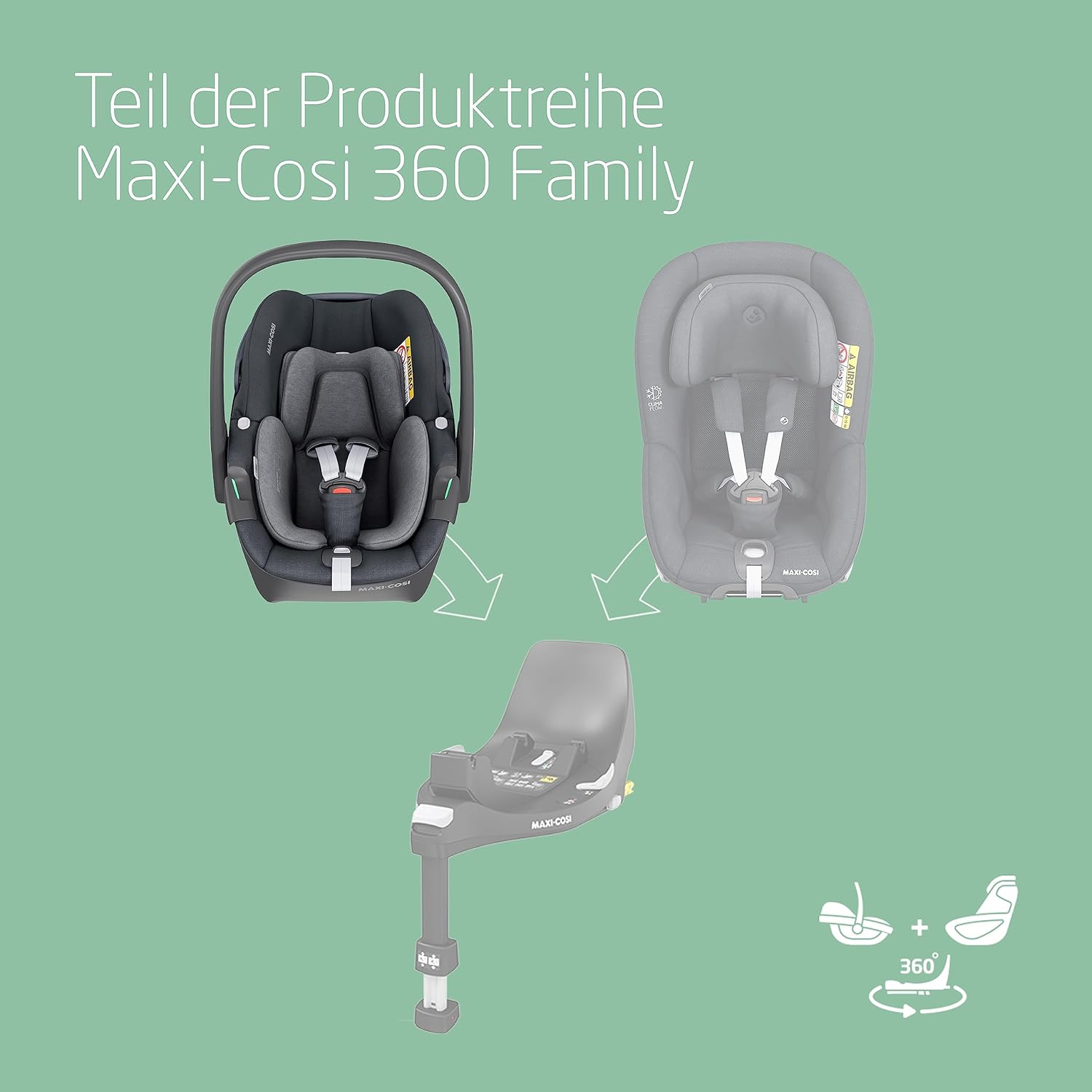 Maxi-Cosi Pearl 360 i-Size baby autositz, autositz 360 grad drehbar, 3 Monate - 4 Jahre (61-105 cm), Drehung mit nur einer Hand, ClimaFlow, Easy-In-Gurt, G-CELL, Authentic Black