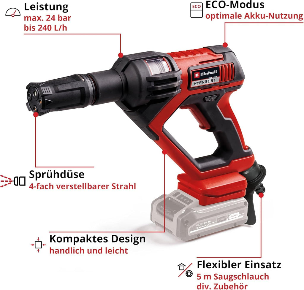 Einhell Pistola idropulitrice a batteria HYPRESSO 18/24-1 Power X-Change (18 V, 24 bar, pulizia e irrigazione mobili, 240 L/h, incl. accessori, senza batteria e caricabatterie)