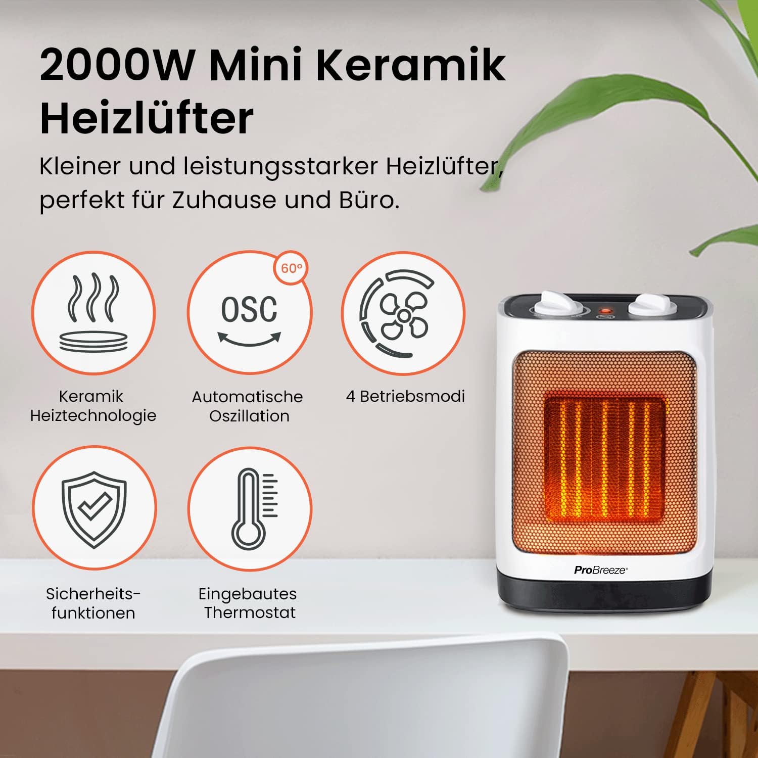 Pro Breeze 2000W Mini Keramik Heizlüfter energiesparend mit automatischer Oszillation, Zwei Leistungsstufen, Kleine Elektroheizung leise für Wohnzimmer, Büro, Terasse - Wei