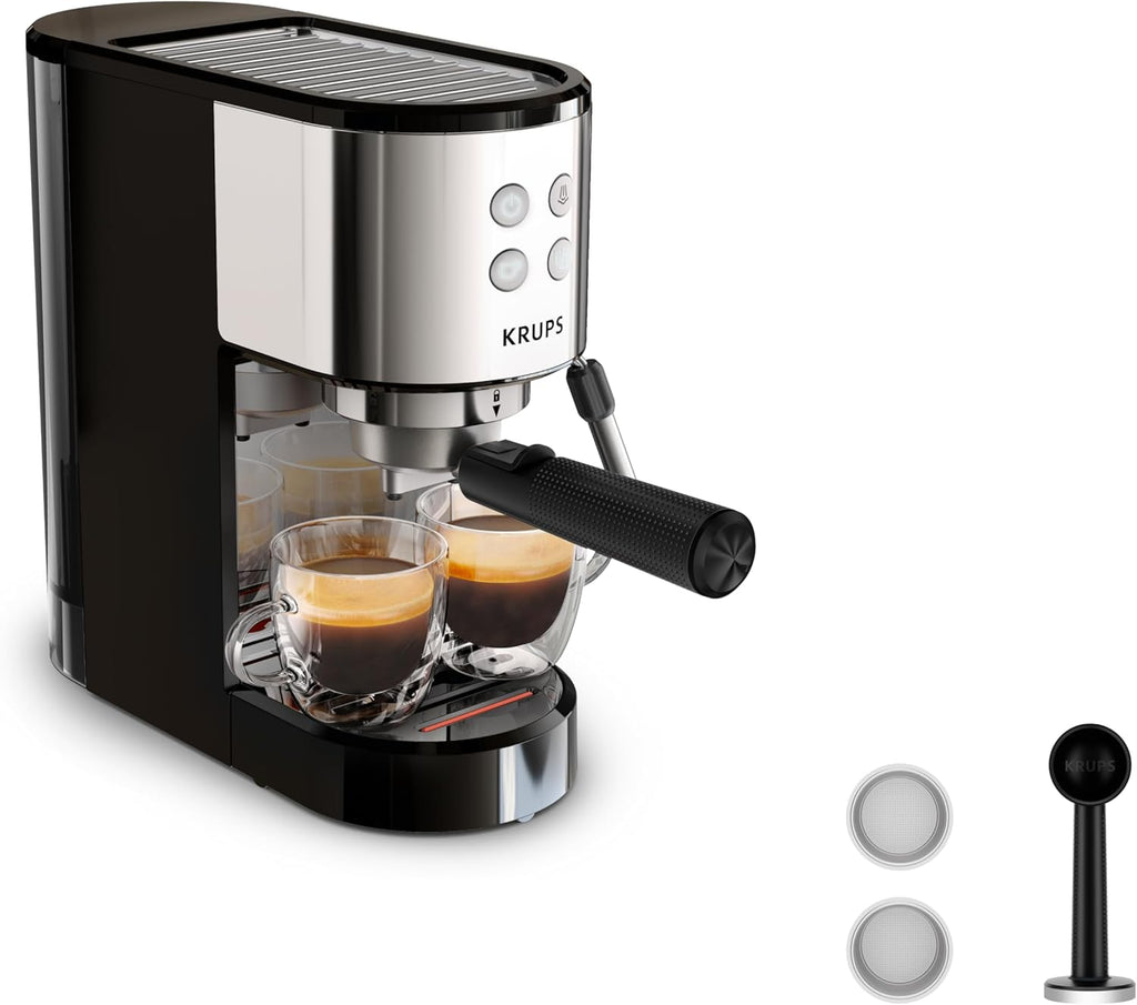 Krups Virtuoso Essential Espresso-Siebträgermaschine, 15 bar, Edelstahl-Applikationen, schlankes Design, Bedienfeld mit 4 Funktionen, inkl. Barista-Zubehör, Edelstahl, XP441810