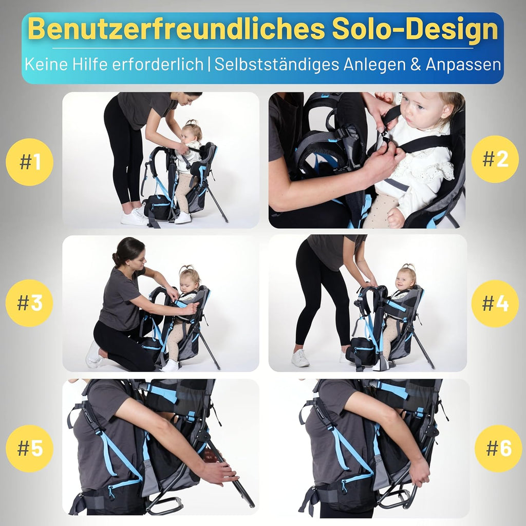 Dromader Kraxe Kindertrage bis 22kg – Kindertrage Wandern mit Sonnendach, Regenschutz, Thermotasche, Wickelmatte – Einhändig klappbare Rahmen – Blau