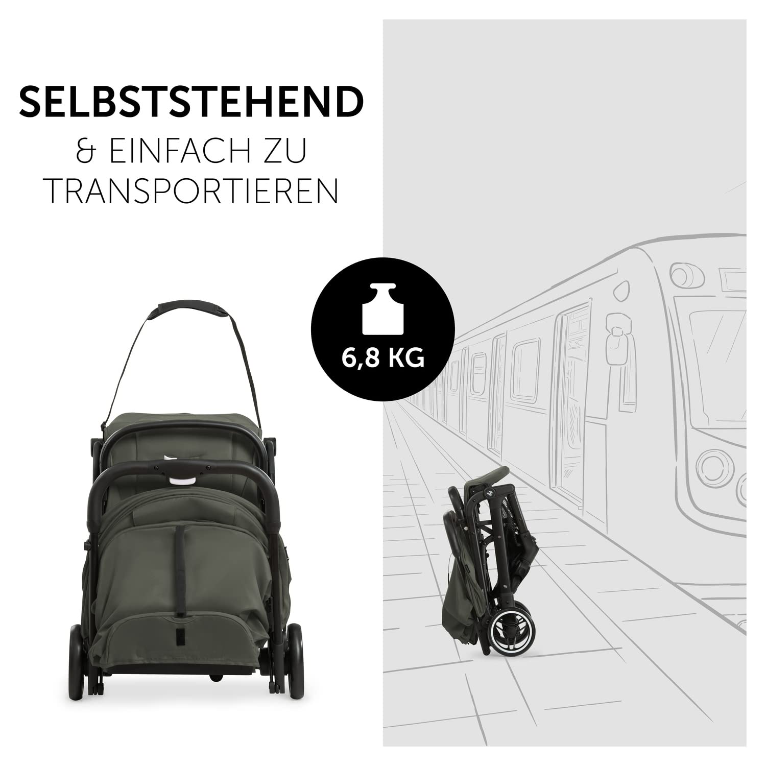 hauck Passeggino leggero Travel N Care per bambini dalla nascita fino a 22 kg con funzione reclinabile, ultraleggero - 6,9 kg, chiudibile con una mano, UPF 50+, ruote in EVA, cestino fino a 3 kg (Dark Olive)