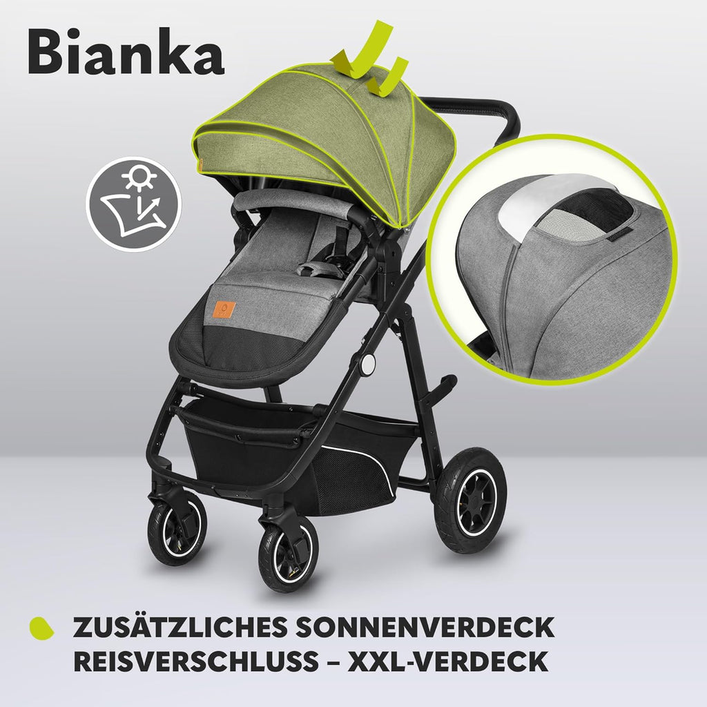 LIONELO BIANKA Kinderwagen 3 in 1 bis 22 kg Babywanne Autositz Zusammenlegbar, Reise-System, Einstellung der Rückenlehne, Räder 360o Stoßdämpfer, Verdeck XXL