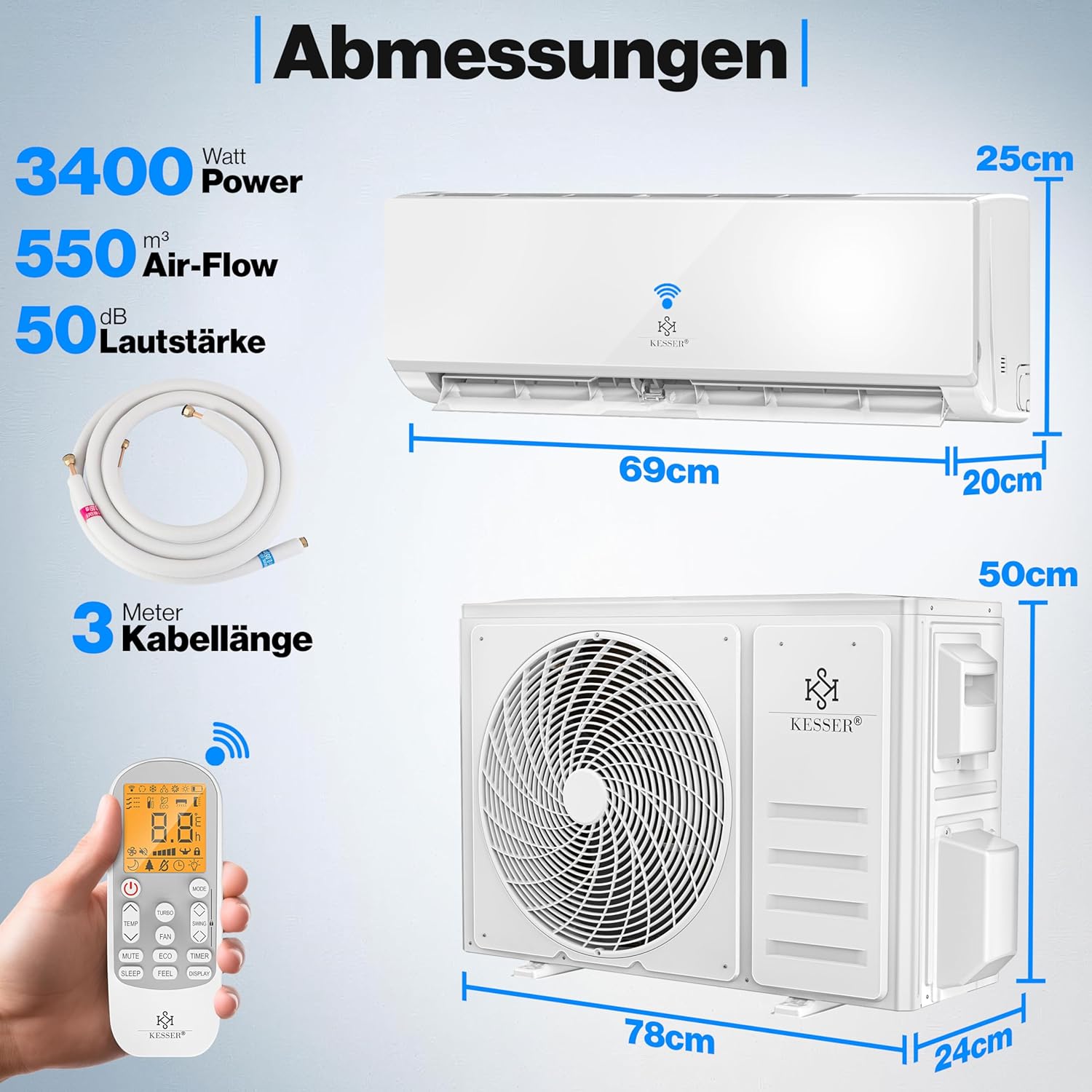 KESSER® Condizionatore Split - con funzione WiFi/App - Raffreddamento A++/Riscaldamento A+ - 9000 BTU/h (2.600 Watt) Refrigerante R32 - Telecomando, funzione timer - Kit di montaggio completo incluso
