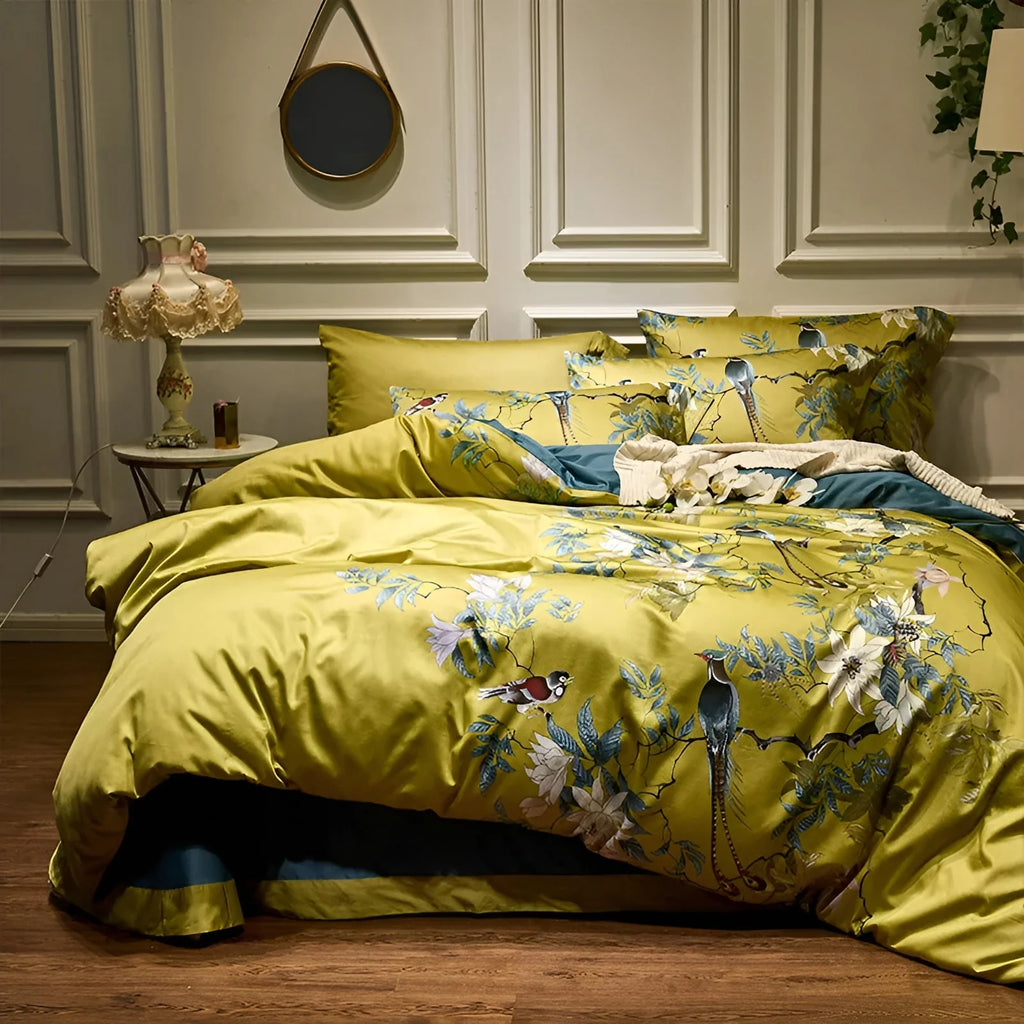 Piumone YellowSilk - Elegante set di biancheria da letto floreale con motivi di uccelli e piante