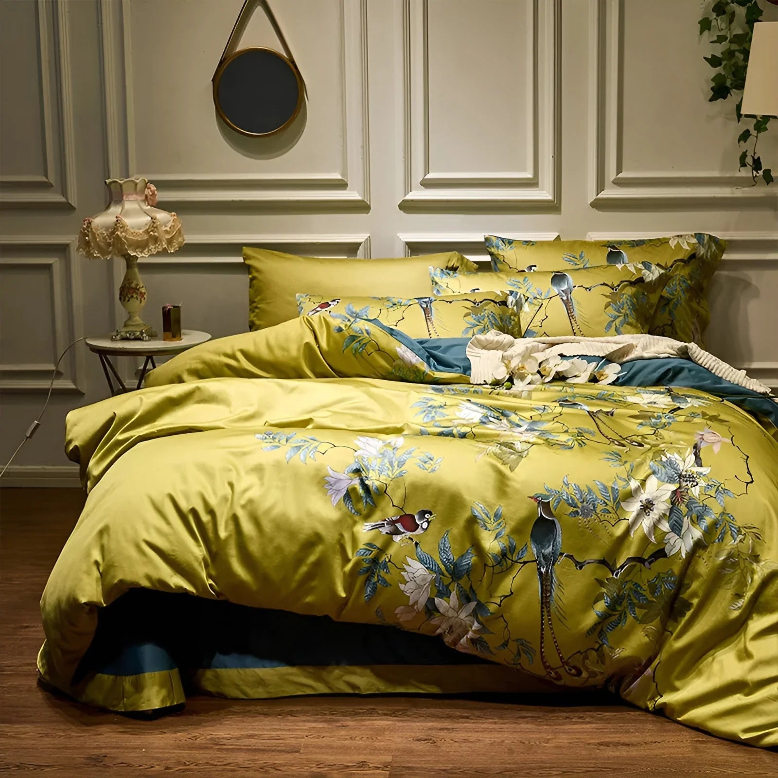 Piumone YellowSilk - Elegante set di biancheria da letto floreale con motivi di uccelli e piante