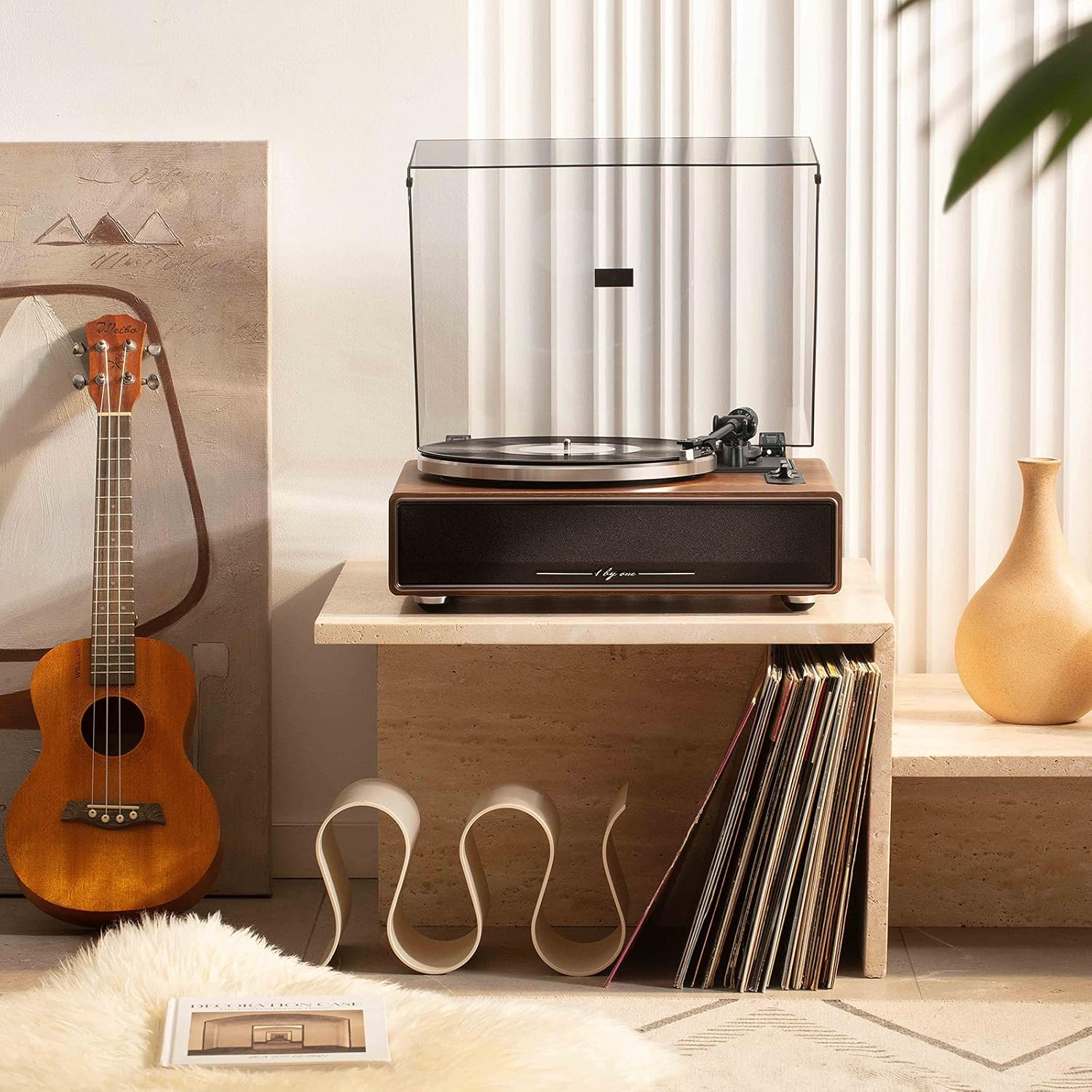 1 by ONE Plattenspieler mit Integrierten Lautsprechern Bluetooth 33/45 U/min Riemenantrieb MM Vinyl Record Player mit Auto-Stopp Funktion Phono-Vorverstrker