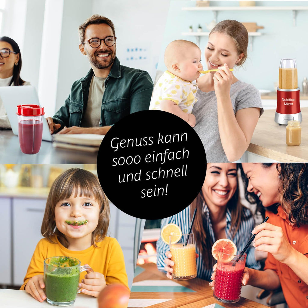 GOURMETmaxx Frullatore per Smoothie e Frullatore a Immersione Set da 18 pezzi - 400W | Frullatore Elettrico da 750ml, Mixer con 4 Bicchiere To-Go, 2 Lame, Spremiagrumi, Piedistallo e Coperchio | Lavabile in Lavastoviglie, a Prova di Perdite e Senza BPA