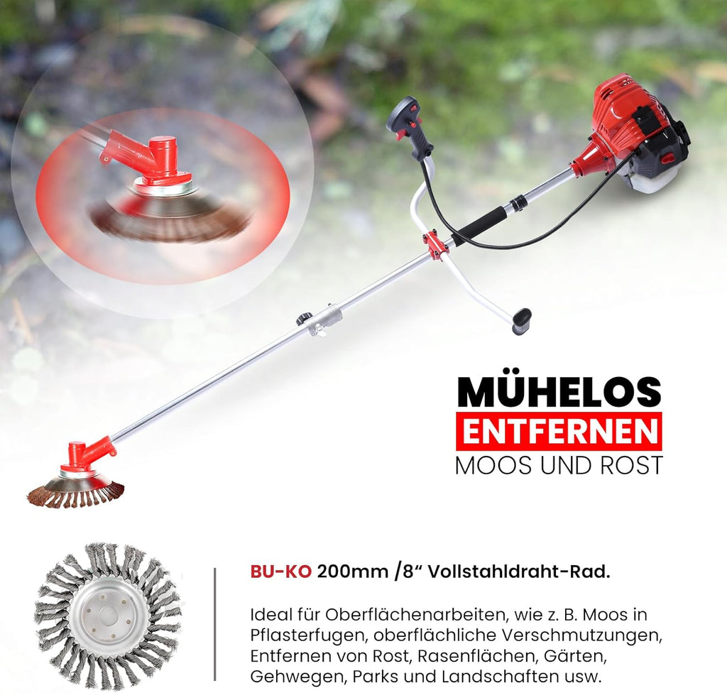 Decespugliatore a benzina BU-KO 52cc tagliaerba attrezzo da giardino include: tagliabordi, decespugliatore con lama a 3 denti, spazzola per erbacce in filo d'acciaio, lama da taglio. Ottimo attrezzo da esterno.