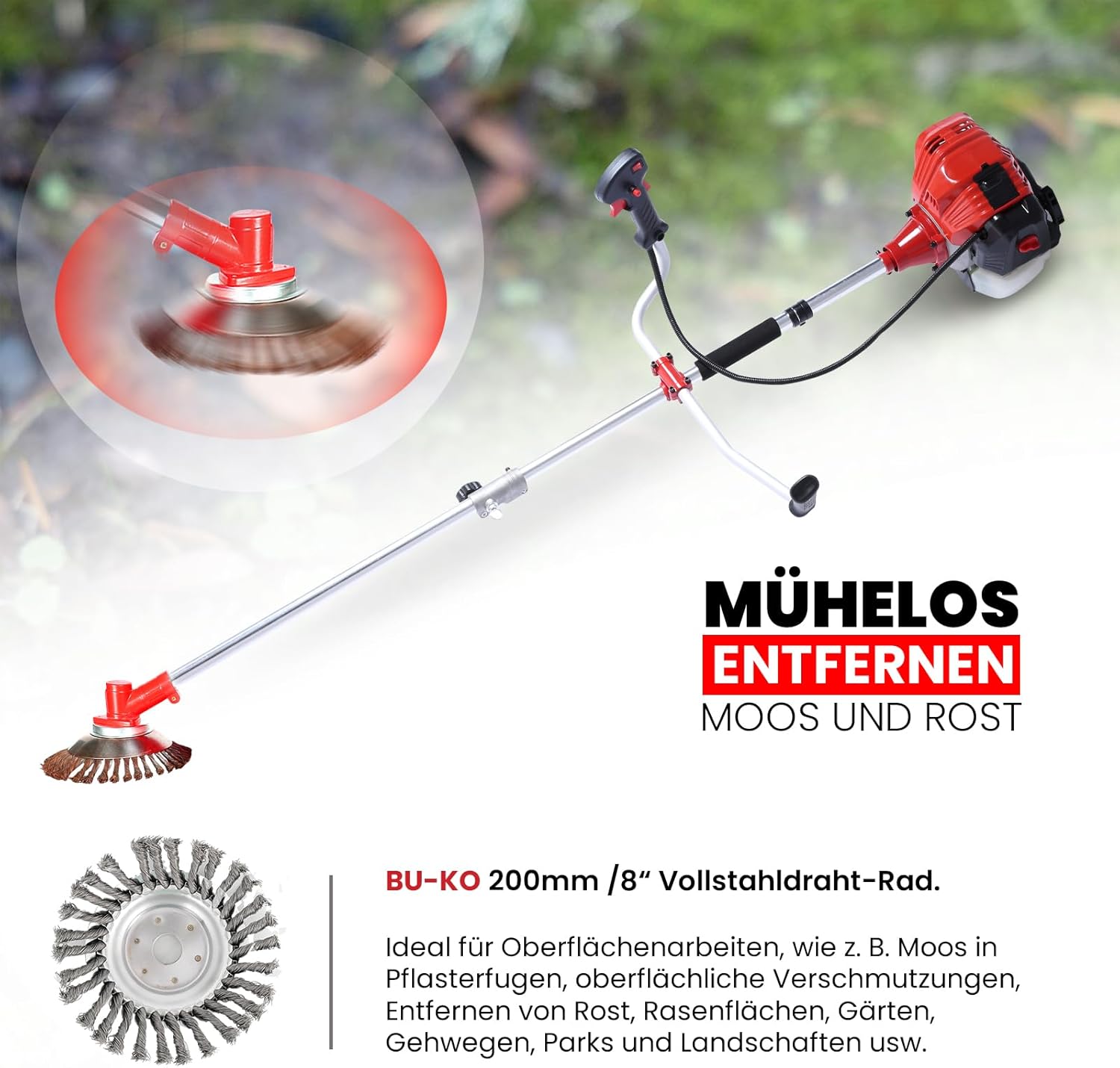 Decespugliatore a benzina BU-KO 52cc tagliaerba attrezzo da giardino include: tagliabordi, decespugliatore con lama a 3 denti, spazzola per erbacce in filo d'acciaio, lama da taglio. Ottimo attrezzo da esterno.