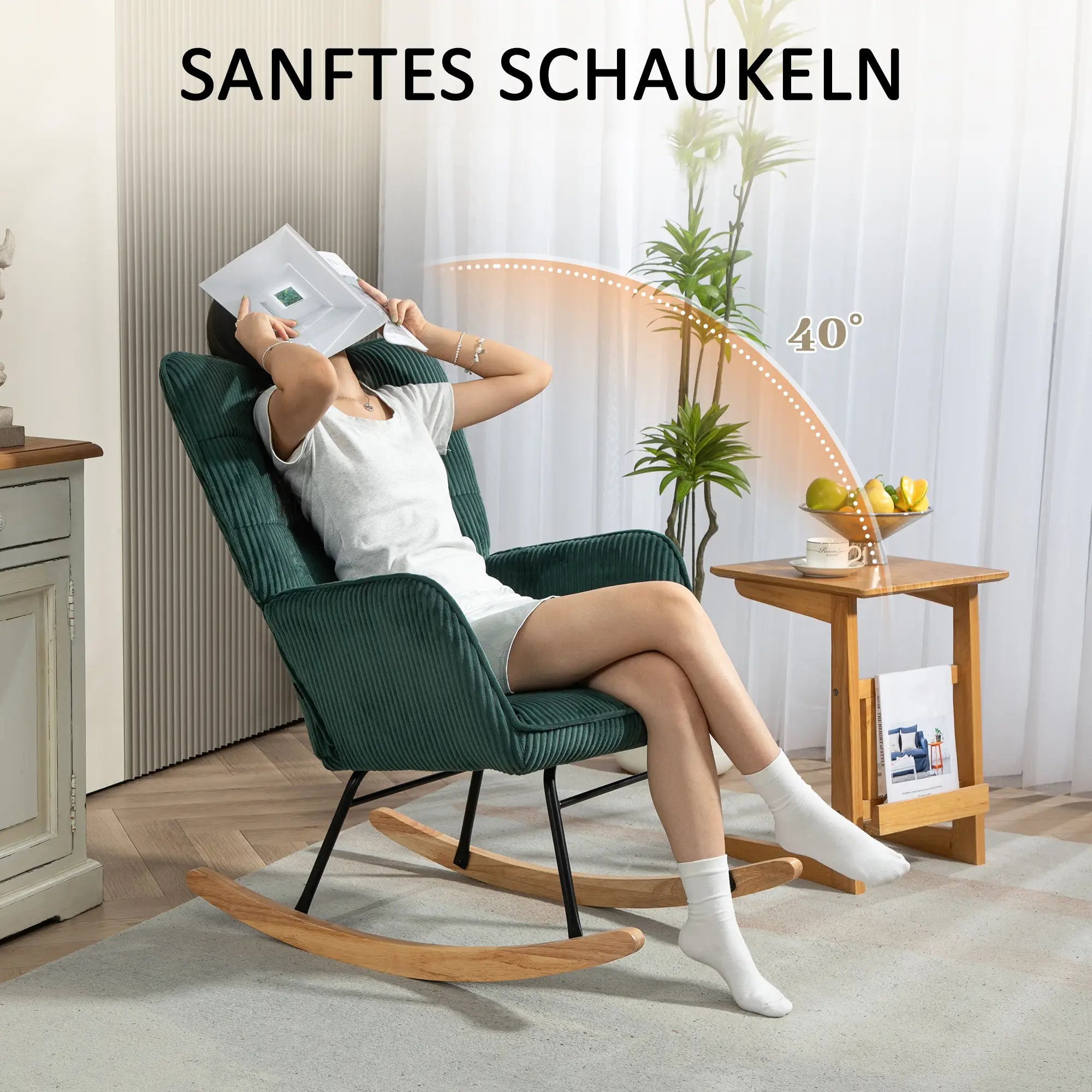 HOMCOM Schaukelstuhl Kordoptik Holzkufen Relaxsessel dunkelgrün