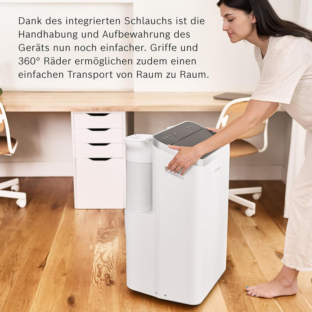 Bosch Cool 4000 Climatizzatore Mobile - 3-in-1: Climatizzatore, Deumidificatore, Ventilatore - 2,6 kW per ambienti fino a 35m² - Con modalità automatica, silenziosa e notturna